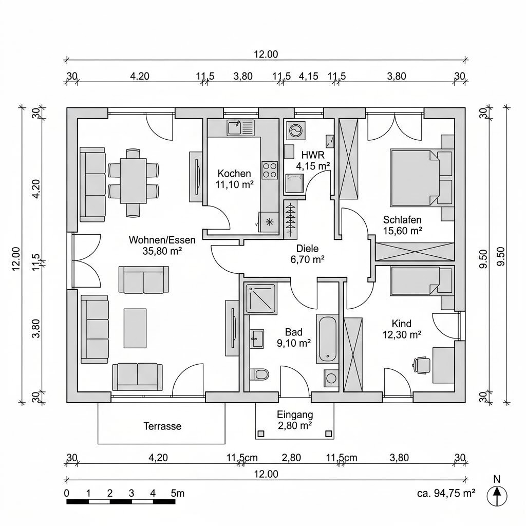 Plattegrond Singlehaus Mono 95 van WOLF-HAUS — 95 m², 3 kamers