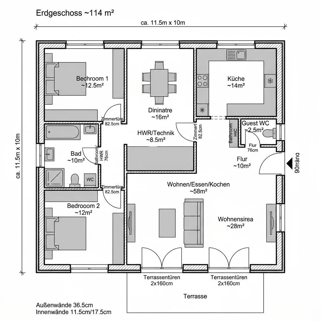 Plattegrond BGL 114 van Ytong Bausatzhaus — 114 m², 4 kamers