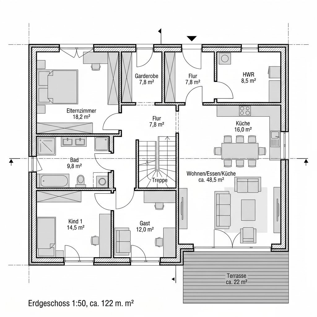 Plattegrond BGL 121 van Ytong Bausatzhaus — 122 m², 4 kamers