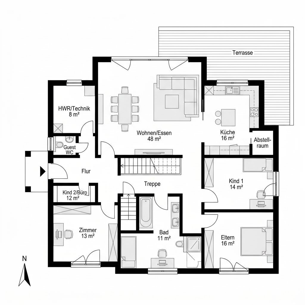 Plattegrond BHS 182 van Ytong Bausatzhaus — 175 m², 6 kamers