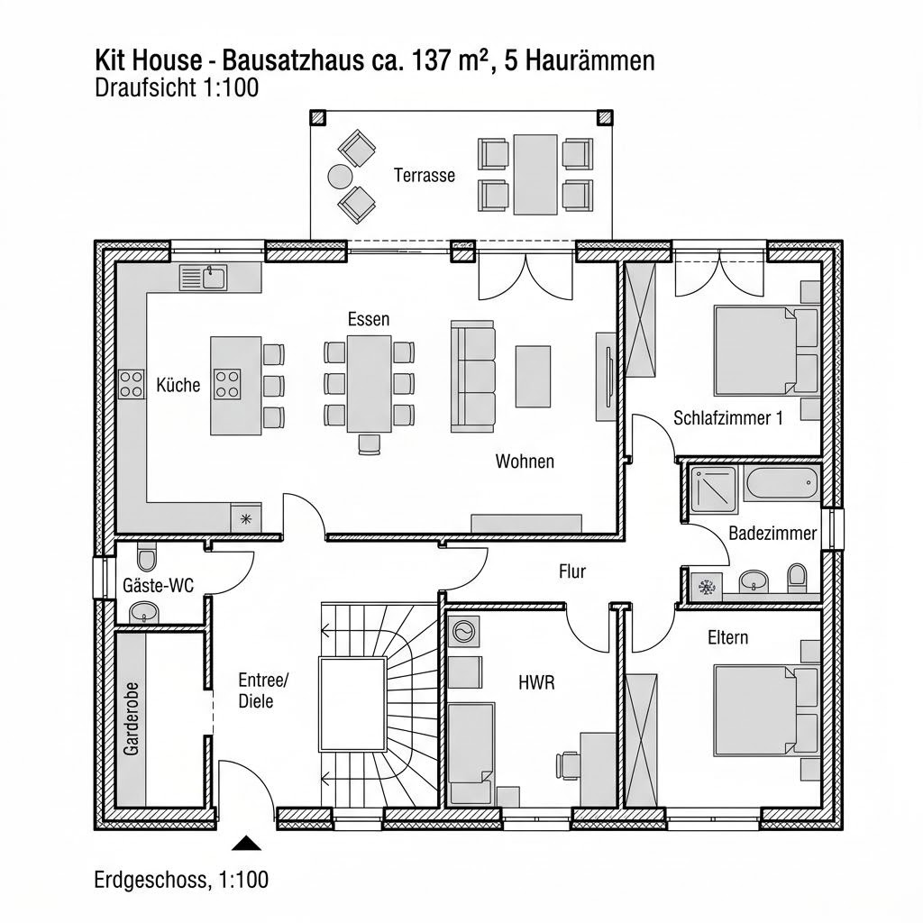 Plattegrond EFH 136 van Ytong Bausatzhaus — 137 m², 5 kamers