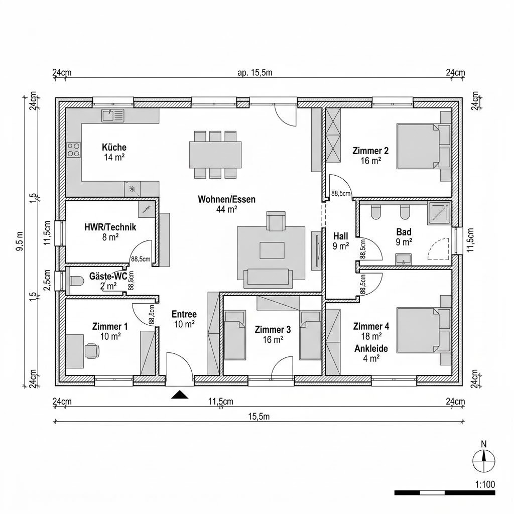 Plattegrond EFH 148 van Ytong Bausatzhaus — 148 m², 5 kamers