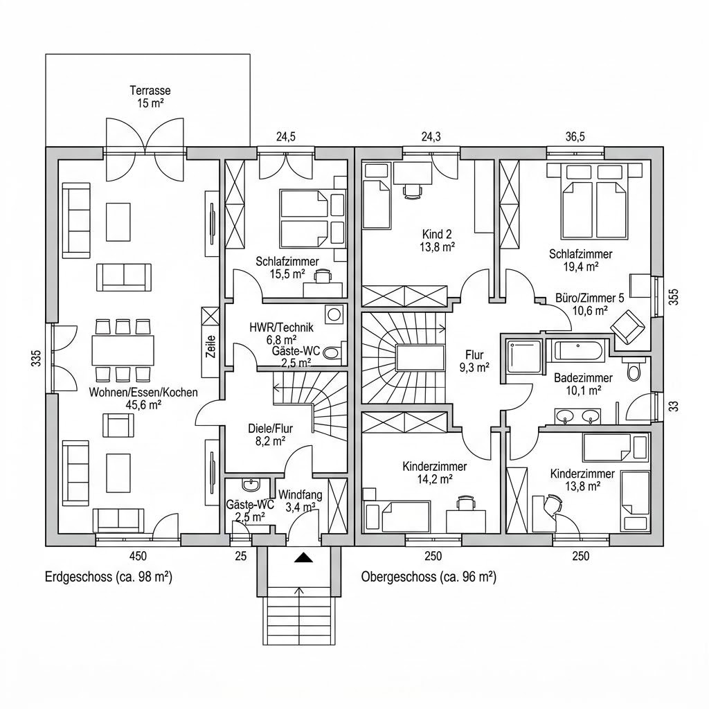 Plattegrond Family 194 van Danwood — 194 m², 7 kamers