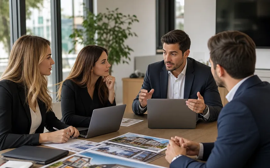 Makelaarsteam in de prefab verkoop tijdens de strategieplanning Makelaarsteam in de prefab verkoop bespreekt de strategie met laptops en woningbrochures op kantoor