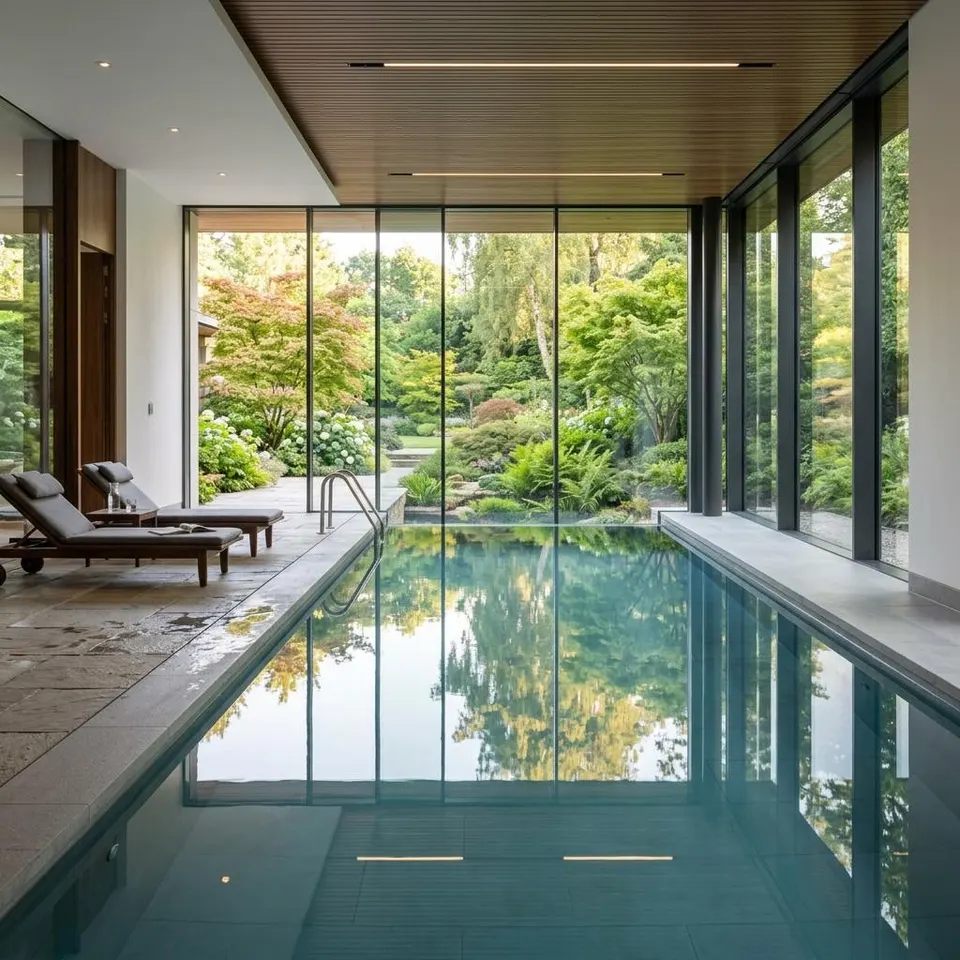 Binnenzwembad in de prefab woning: privézwemhal met glaspartij naar de tuin Elegante privézwemhal met binnenzwembad en kamerhoge glaspartij naar de tuin in een moderne woning – binnenzwembad in de prefab woning