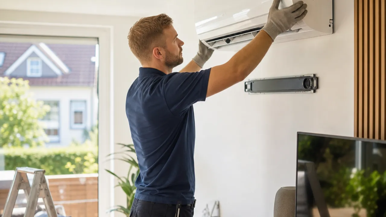 Airco-montage door het vakbedrijf 2026 Koeltechnicus monteert een split-airco aan de woonkamermuur – airco-montage door het vakbedrijf 2026