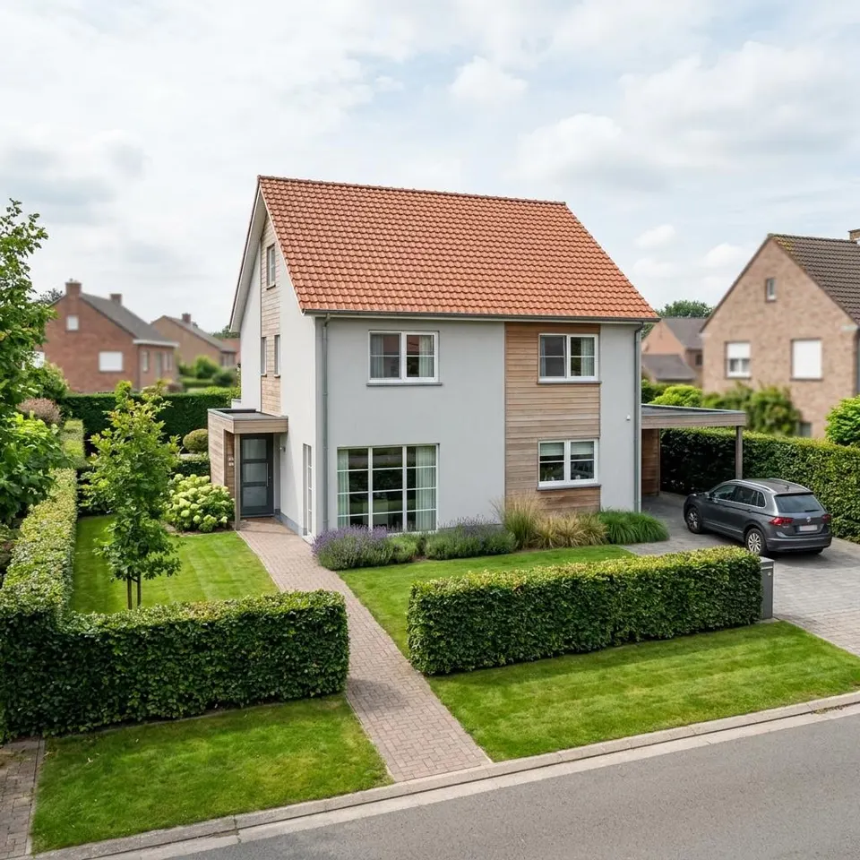 Vrijstaande prefab woning met rood pannendak in een Vlaamse woonwijk – prefab woning bouwen in België 2026 Vrijstaande prefab woning met rood pannendak in een Vlaamse woonwijk – prefab woning bouwen in België 2026
