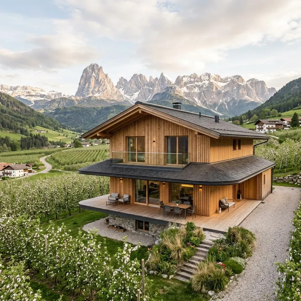 Houten prefab woning met brede dakoverstek voor het Zuid-Tiroolse bergpanorama in Italië – prefab woning bouwen in Italië 2026 Houten prefab woning met brede dakoverstek voor het Zuid-Tiroolse bergpanorama in Italië – prefab woning bouwen in Italië 2026