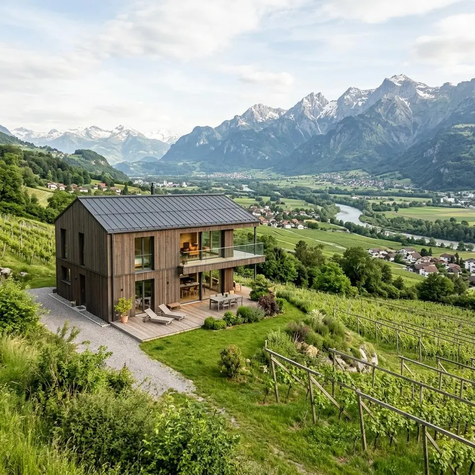 Houten prefab woning op een helling in het Liechtensteinse Rijndal met uitzicht op de bergen – prefab woning bouwen in Liechtenstein 2026 Houten prefab woning op een helling in het Liechtensteinse Rijndal met uitzicht op de bergen – prefab woning bouwen in Liechtenstein 2026