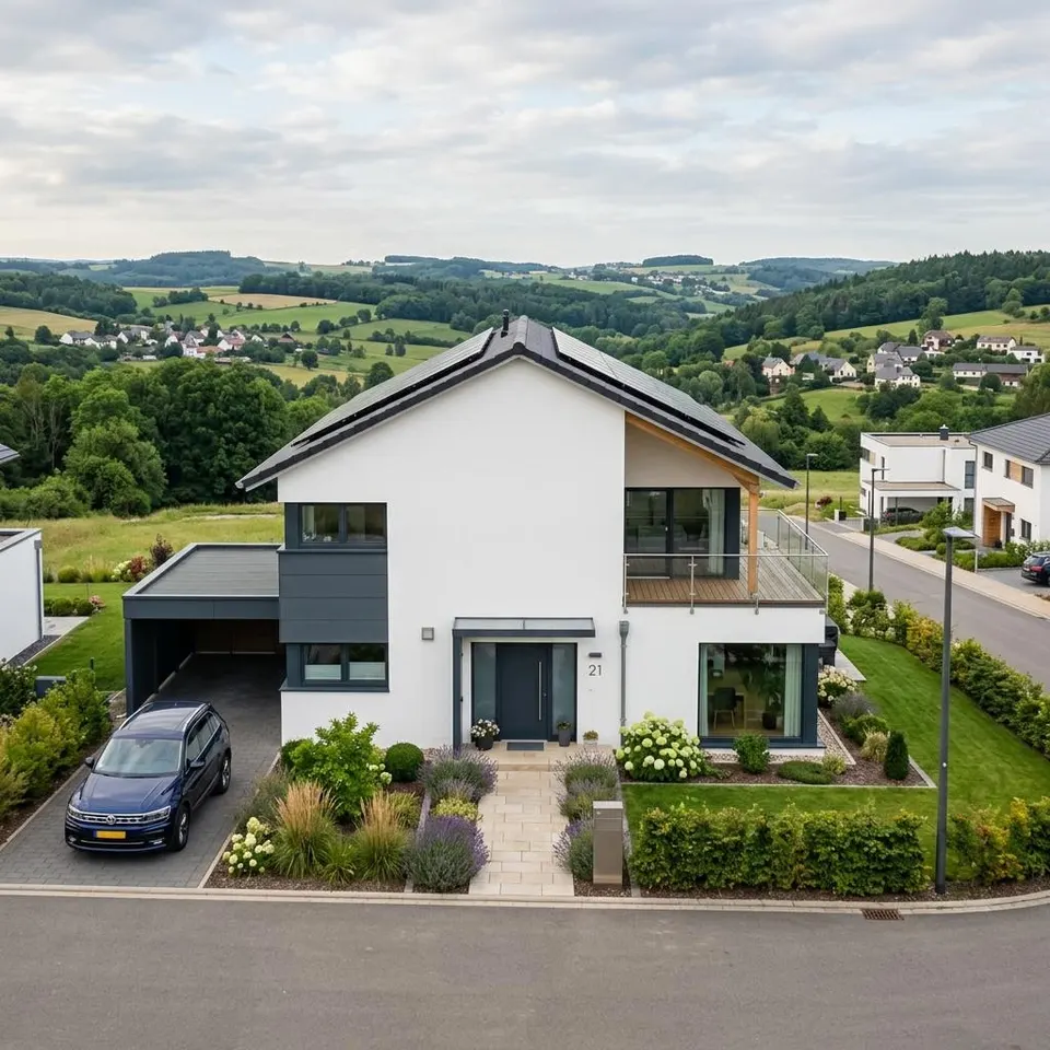 Zeer energiezuinige prefab woning in een Luxemburgse nieuwbouwwijk met verzorgde voortuin – prefab woning bouwen in Luxemburg 2026 Zeer energiezuinige prefab woning in een Luxemburgse nieuwbouwwijk met verzorgde voortuin – prefab woning bouwen in Luxemburg 2026