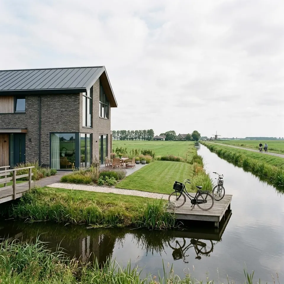 Moderne prefab woning met bakstenen gevel aan een gracht in Nederland – prefab woning bouwen in Nederland 2026 Moderne prefab woning met bakstenen gevel aan een gracht in Nederland – prefab woning bouwen in Nederland 2026