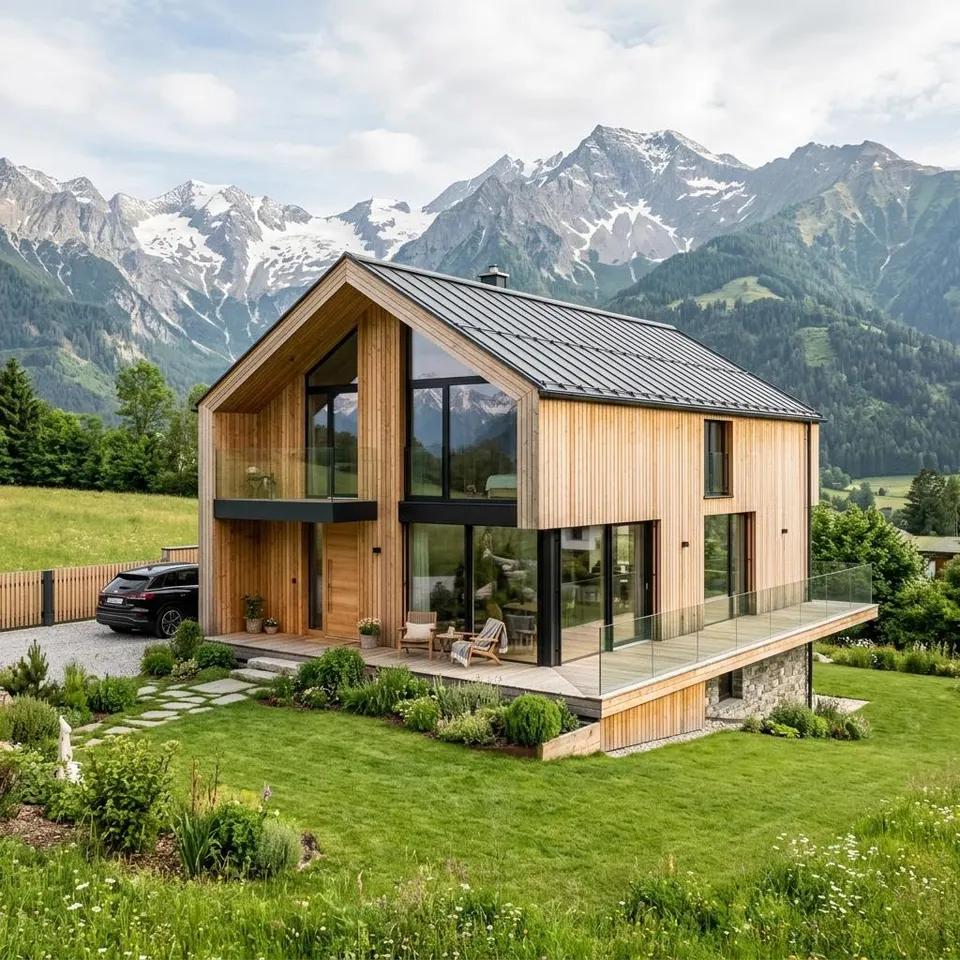 Moderne houten prefab woning met zadeldak voor een Alpenpanorama in Oostenrijk – prefab woning bouwen in Oostenrijk 2026 Moderne houten prefab woning met zadeldak voor een Alpenpanorama in Oostenrijk – prefab woning bouwen in Oostenrijk 2026