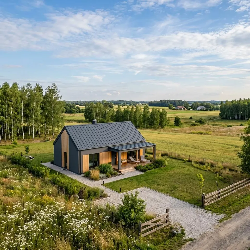 Nieuwe prefab woning met zadeldak in een weids Pools landschap bij zonneschijn – prefab woning bouwen in Polen 2026 Nieuwe prefab woning met zadeldak in een weids Pools landschap bij zonneschijn – prefab woning bouwen in Polen 2026