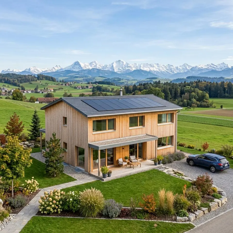 MINERGIE-prefab woning met houten gevel op het Zwitserse plateau met bergpanorama – prefab woning bouwen in Zwitserland 2026 MINERGIE-prefab woning met houten gevel op het Zwitserse plateau met bergpanorama – prefab woning bouwen in Zwitserland 2026