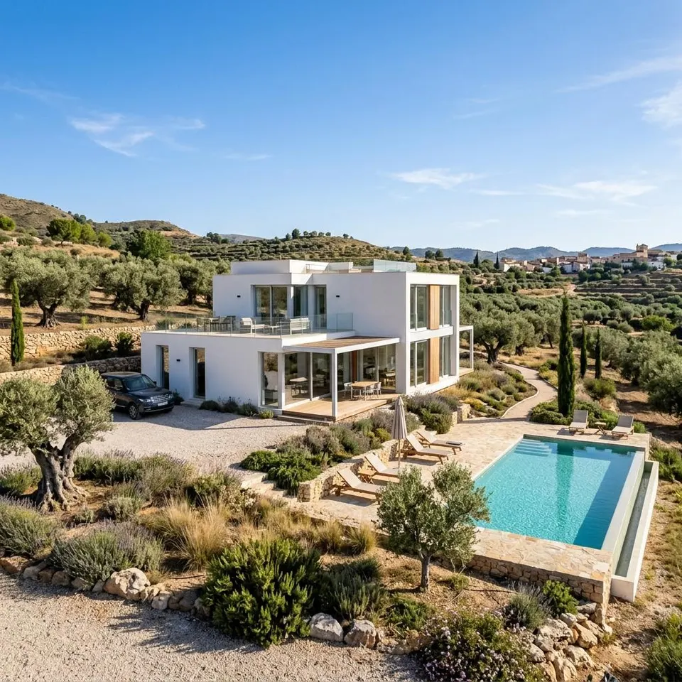Witte moderne modulaire prefab woning met plat dak en zwembad onder een blauwe hemel aan de Middellandse Zee – prefab woning bouwen in Spanje 2026 Witte moderne modulaire prefab woning met plat dak en zwembad onder een blauwe hemel aan de Middellandse Zee – prefab woning bouwen in Spanje 2026