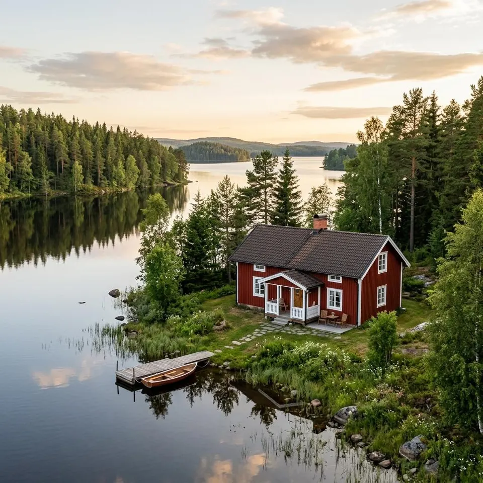Rood Zweeds houten huis met witte kozijnen aan een Scandinavisch meer – prefab woning bouwen in Scandinavië 2026 Rood Zweeds houten huis met witte kozijnen aan een Scandinavisch meer – prefab woning bouwen in Scandinavië 2026