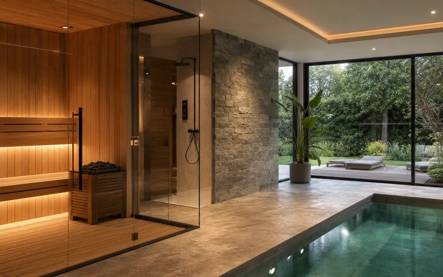 Privéwellnessruimte in de luxe prefab woning: binnenzwembad en sauna met glaswand en zicht op de tuin