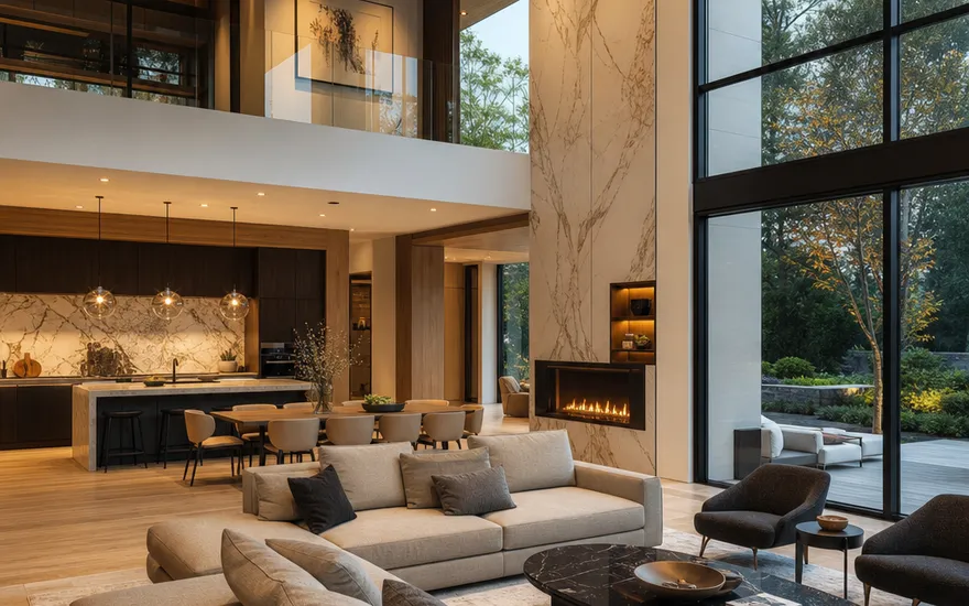 Luxe prefab woning van binnen: dubbelhoge woonruimte met vide, designmeubels en plafondhoge glaspui naar de tuin