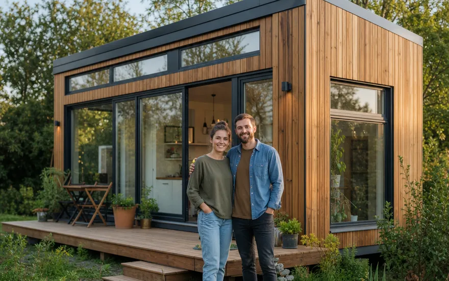 Miniwoning & tiny house: klein wonen in het groen Miniwoning met houten gevel en grote ramen in de tuin – tiny house als kleine prefab woning voor stellen en alleenstaanden