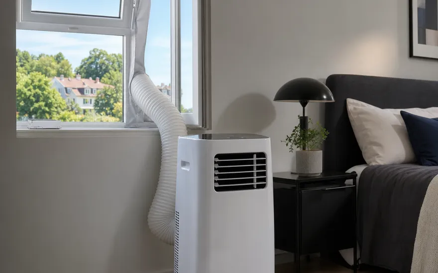 Mobiele airco met afvoerslang en raamafdichting Mobiele airco met afvoerslang en raamafdichting in de slaapkamer – monoblok-airco voor huurwoningen