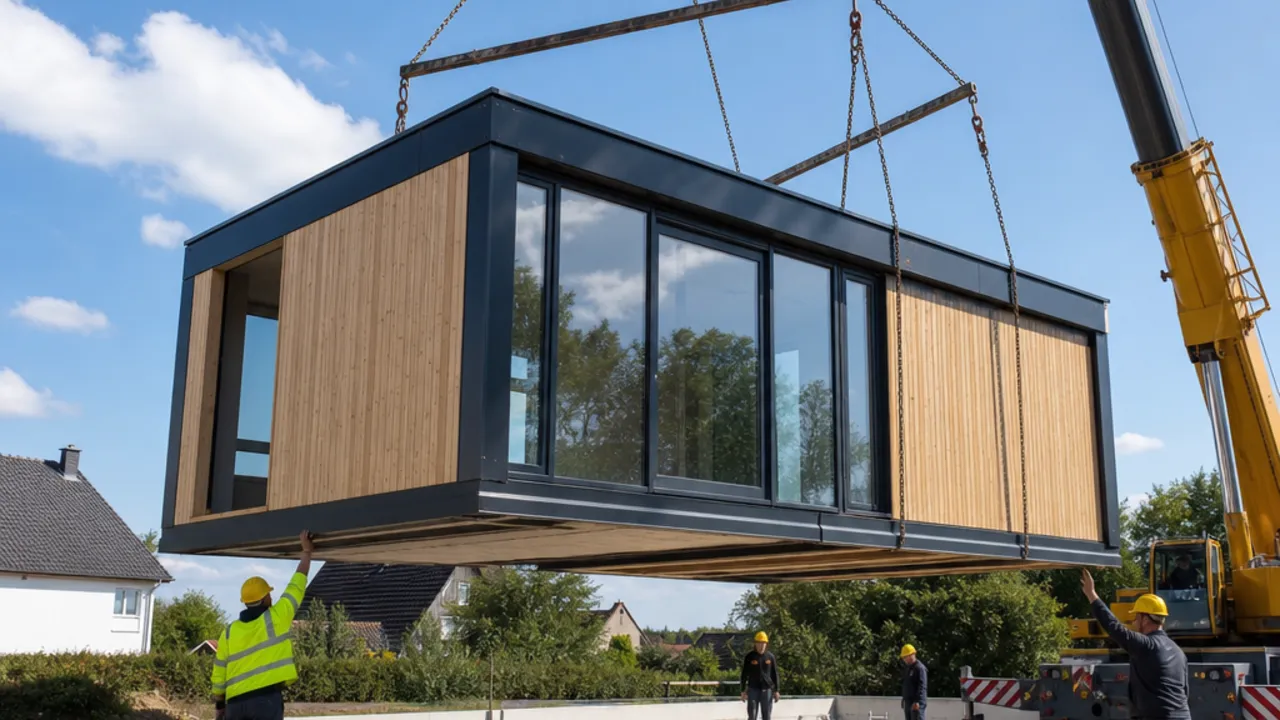 Montage van een modulwoning met kraan in één dag Montage van een modulwoning: kraan hijst een afgebouwde woonmodule op de fundering – prijzen en bouwtijd modulwoning 2026