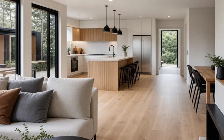 Modulwoning van binnen: woonklaar af fabriek Modulwoning van binnen: lichte open woonruimte met keuken en grote ramen – woonklaar uit de fabriek