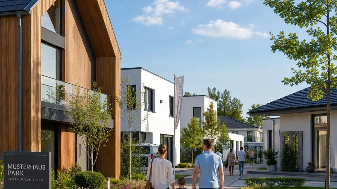 Modelwoningpark met moderne modelwoningen om te bezichtigen: prefab woning met houten gevel, stadsvilla en bungalow langs een bezoekerspad in de zon