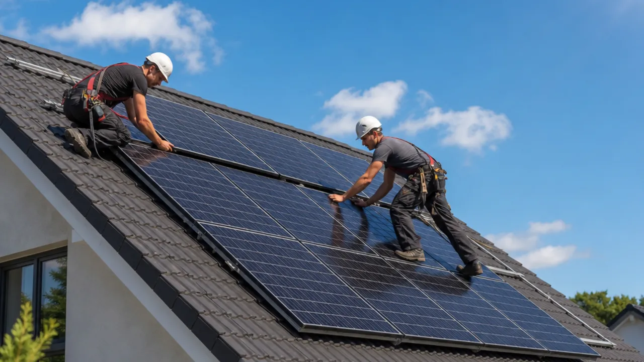 Montage van zonnepanelen door het vakbedrijf 2026 Monteurs plaatsen zonnepanelen op het dak van een eengezinswoning – installatie van zonnepanelen door het vakbedrijf in 2026