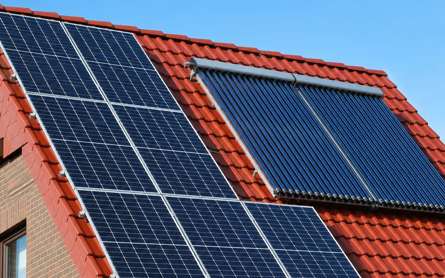 Zonnepanelen en zonneboiler op één dak gecombineerd Zonnepanelen en zonneboiler-collectoren samen op een pannendak – stroom en warmte van de zon