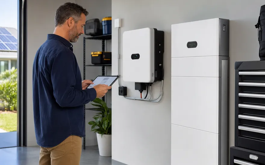 Zonnepanelen met thuisbatterij in de eigen woning PV met thuisbatterij: batterij en omvormer in de bijkeuken, woningeigenaar bekijkt zonneopbrengst via app