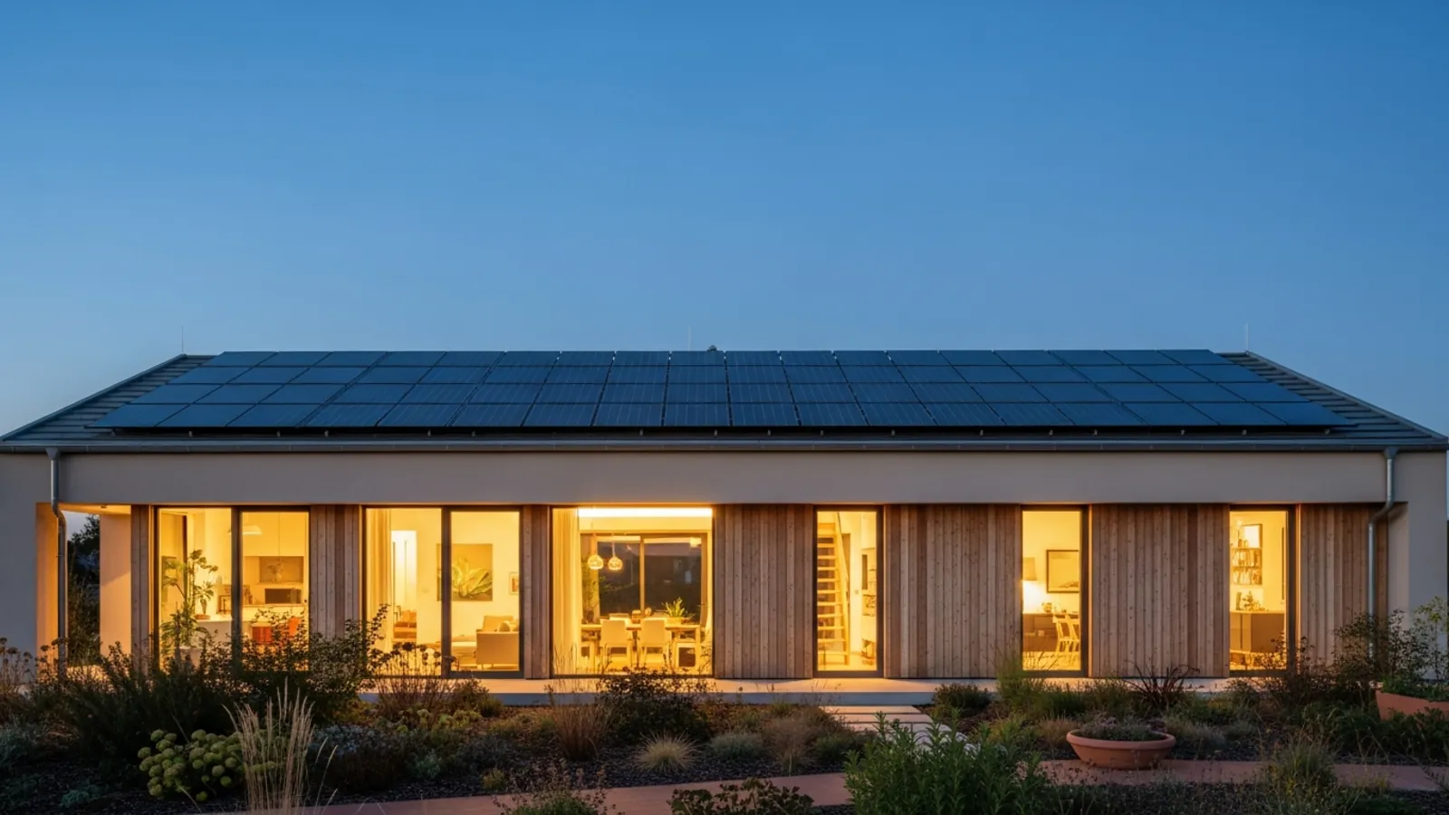 Zonnepanelen op het dak van een prefab woning met gekoppelde thuisbatterij – de rentabiliteit van eigen stroom