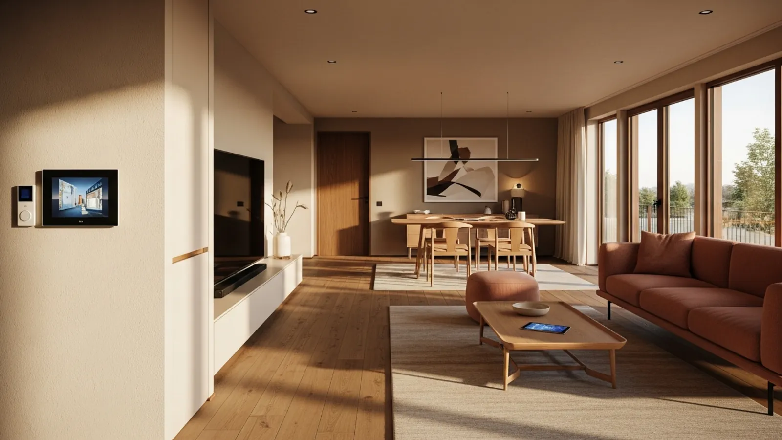Woonruimte in een prefab woning met centraal bedieningspaneel – het prijskader voor verbonden woningtechniek