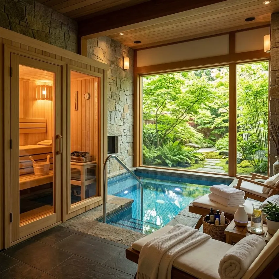 Sauna & spa in de prefab woning: privé-wellnesszone met tuinuitzicht Privéspa met houten sauna en klein binnenzwembad, grote raampartij naar de tuin – sauna en spa in de prefab woning