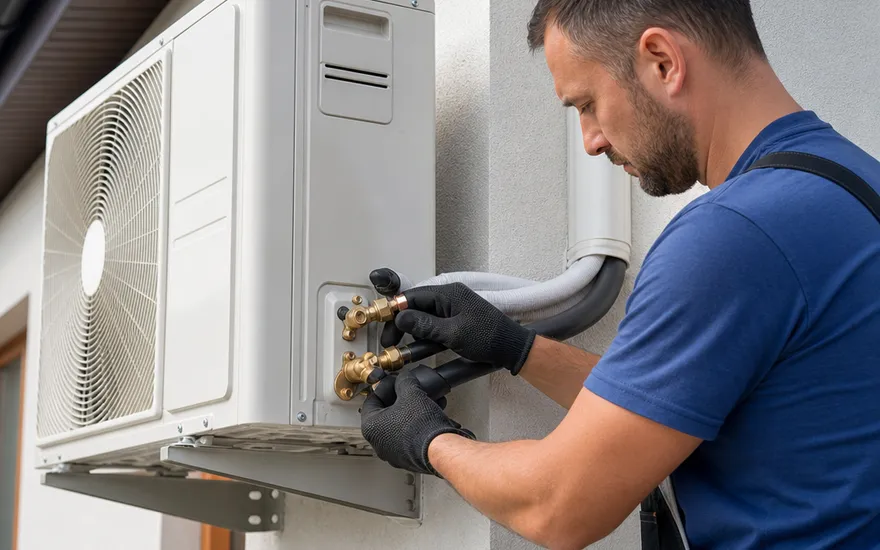 Montage van de airco-buitenunit door het vakbedrijf Koeltechnicus sluit de koudemiddelleidingen aan op de buitenunit van een split-airco aan de gevel