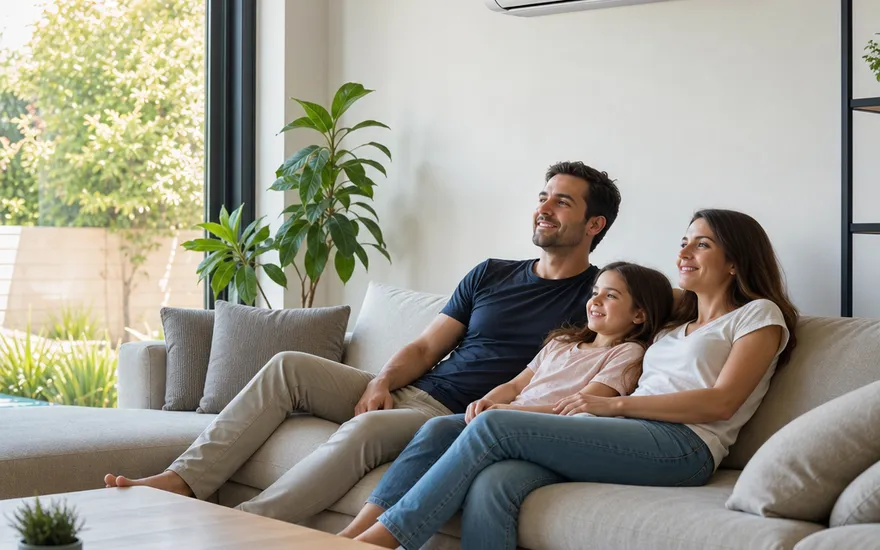 Split-airco in de woonkamer Split-airco in de woonkamer: gezin ontspant bij aangename temperaturen ondanks de zomerhitte