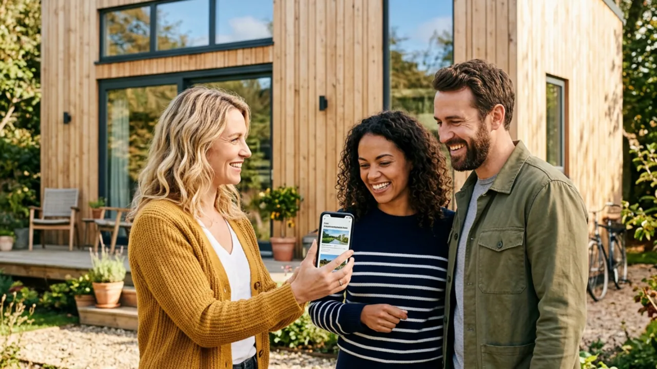 Tipgever laat een stel op haar smartphone het prefab-platform zien – verdien een tipgeververgoeding met een persoonlijke aanbeveling