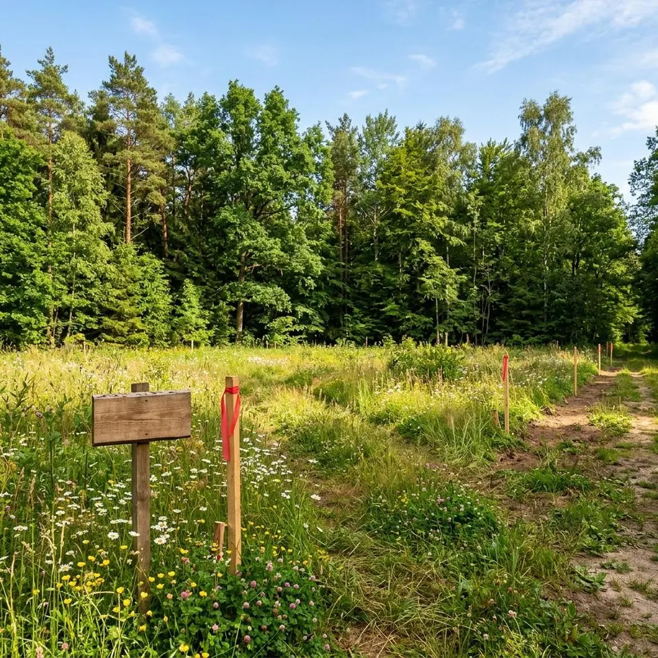 Bosperceel met bouwrecht: bouwkavel aan de bosrand vóór de bouw Zonnige bouwkavel aan de bosrand met uitzetpaaltjes voor hoog gemengd bos – bosperceel met bouwrecht bebouwen